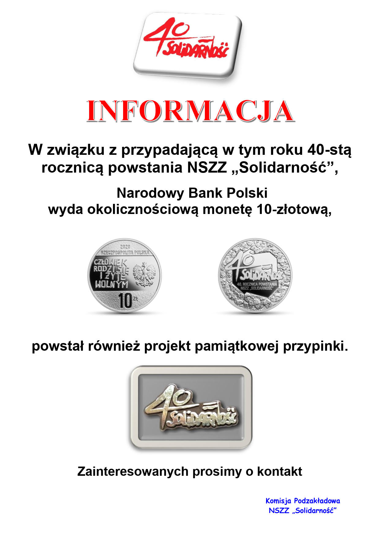 INFORMACJA moneta pin tłoczony 1
